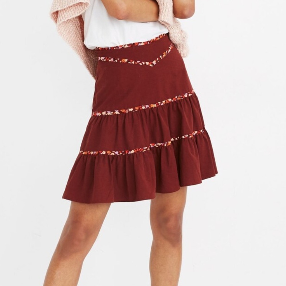 Madewell Tiered Mini Skirt: Floral Binding Edition Red Retro Linen Blend NWT-8
